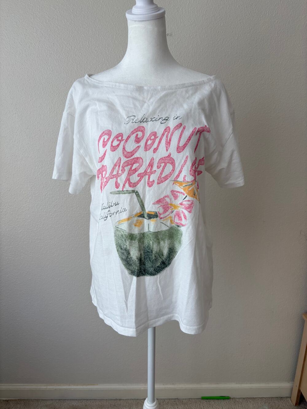 Hollister Women’s Small Coconut Paradise Graphic Tee White Oversized Malibu Y2K